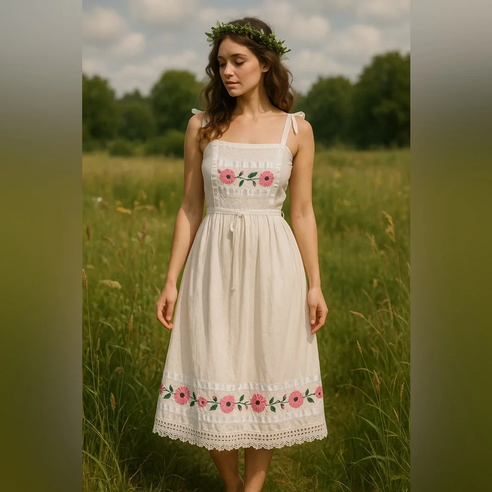 Cottagecore Midi Dress White Embroidered Boho Floral Eyelet Woven Size Small - Picture 1 of 11